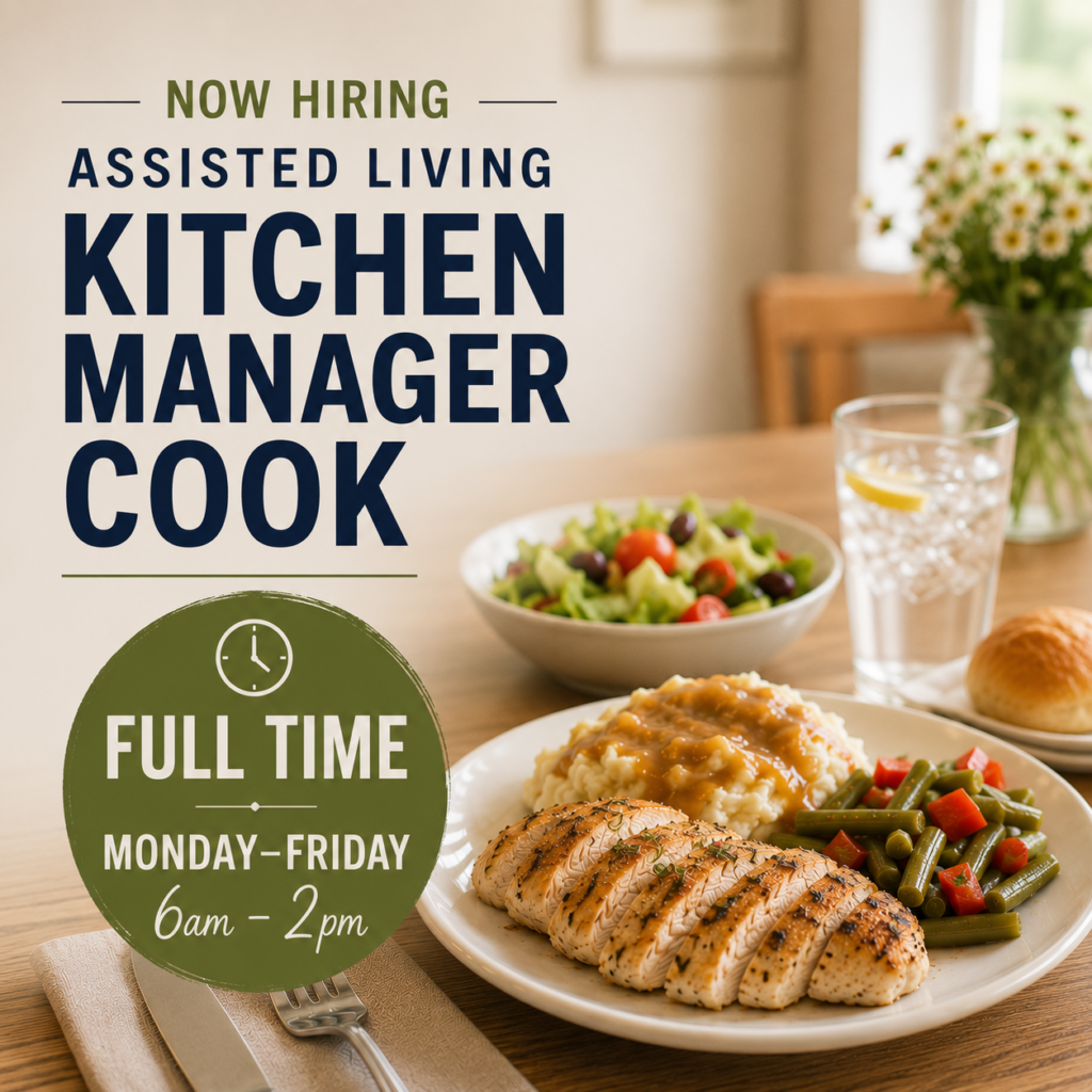 Now Hiring Assisted Living Kitchen Manager Cook at StoneyBrook Suites in Sioux Falls, South Dakota.